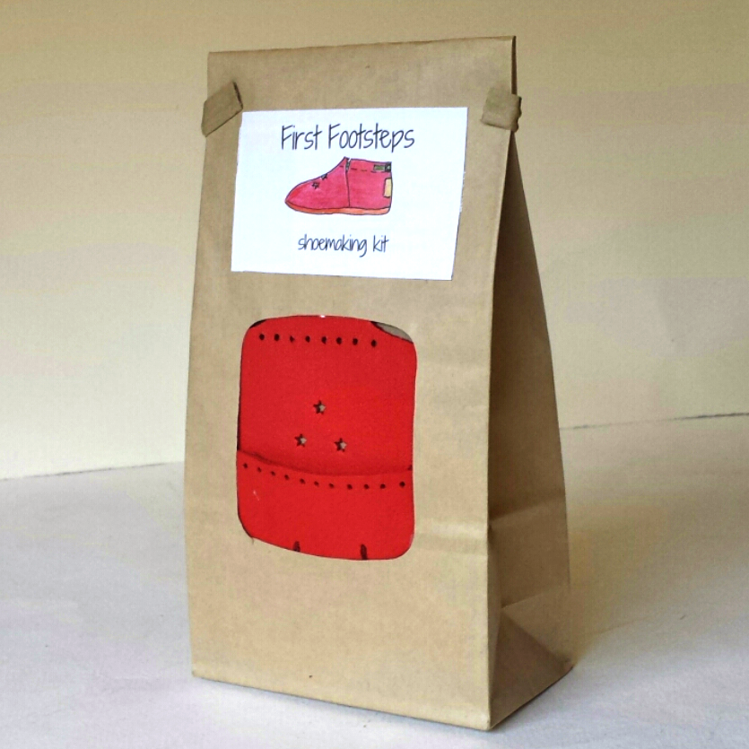 "First Footsteps" kit for making toddler shoes - red vegetable-tanned leather
