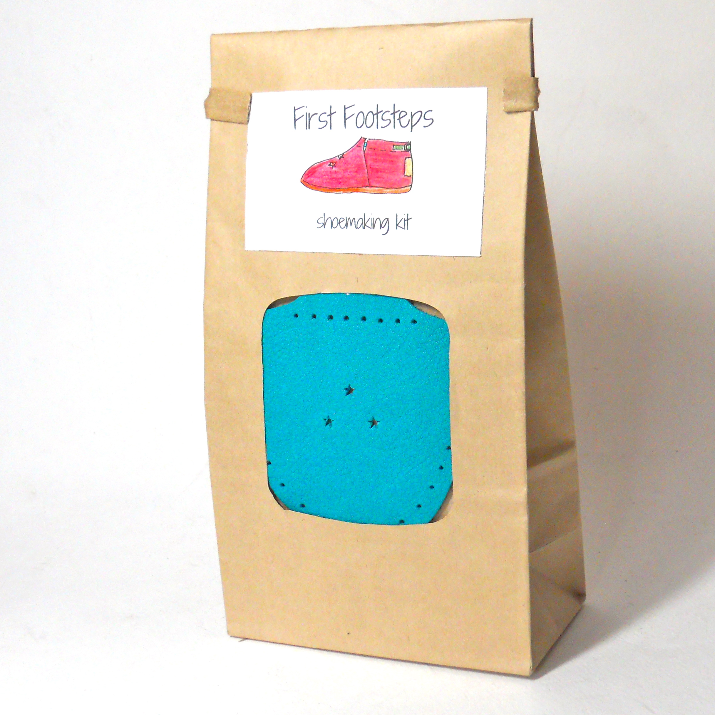 "First Footsteps" kit for making toddler shoes - turquoise vegetable-tanned leather